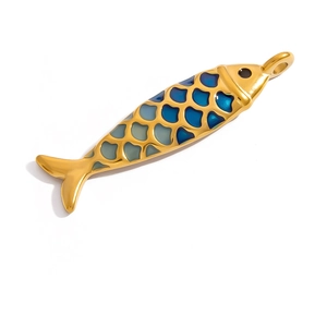 Minimalist 18K gold stainless steel fish pendant with colorful enamel scales inlay