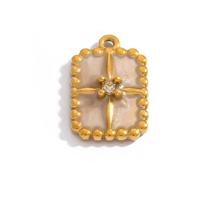 Detail of 18K gold plated stainless steel rectangle pendant with enamel and zircon
