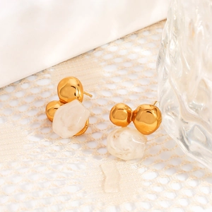 Vintage gold stud earrings with white marble resin stone and polished metal spheres