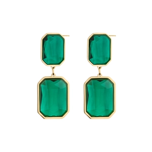 Detailed macro view of emerald green geometric earrings with gold alloy plating