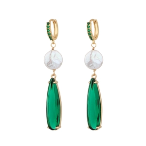 Detailed shot of emerald drop earrings with baroque pearl and faceted green crystal