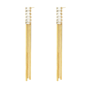 Detail of gold tassel earrings with rectangular zircons and layered herringbone chains