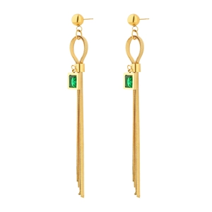 Elegant gold tassel earrings set with emerald green gemstone and snake chain fringes