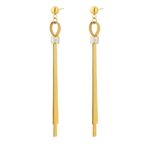 Detail of gold tassel earrings with rhinestone circle and long snake chain fringes