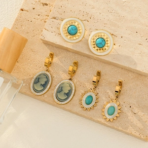 French Retro Stainless Steel Earrings Portrait Cameo Turquoise Sun Flower Rhinestone Inlaid Gold Plated Jewelry For Women