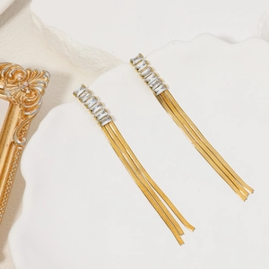 Elegant gold tassel earrings with rectangular crystals and three flat metal chains