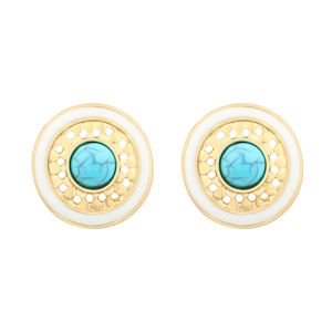 Detail of round gold earrings with turquoise stone and white enamel in lattice pattern