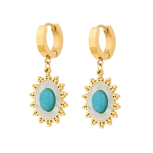 French retro sunburst drop earrings with blue turquoise and pearl inlay in gold plating