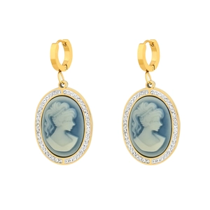 Macro detail of vintage cameo drop earrings with blue relief and crystal halo