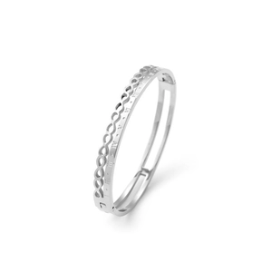 Silver infinity open bangle with engraved Roman numerals and minimalist double-layer design