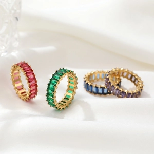 Titanium Steel Gold Plated Eternity Ring With Colorful Zirconia Rectangle Heart Shape Elegant Fashion Jewelry For Women
