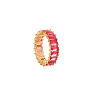 Detailed side view of a gold eternity ring featuring rectangular red baguette gemstones