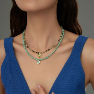 Double-layered natural stone bead necklace with green and blue gemstone pendants