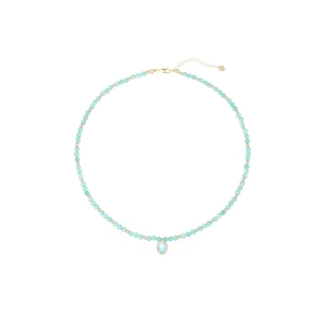 Elegant natural light blue gemstone necklace with gold beads and oval pendant on white