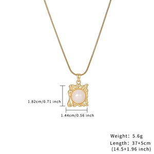 French vintage gold irregular square frame pearl necklace with delicate snake chain