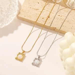 French Retro Irregular Square Frame Artificial Pearl Pendant Necklace Stainless Steel Snake Chain Gold Silver Plated Jewelry For Women