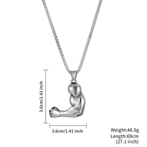 Detailed size specifications for the stainless steel muscular arm pendant and chain