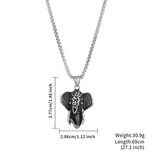 Detailed size specifications for antique silver elephant head pendant and box chain