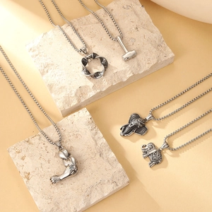 Men Stainless Steel Pendant Necklace Vintage Thor Hammer Muscular Arm Elephant Head Twisted Ring Pendant Punk Jewelry