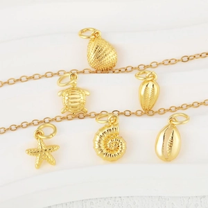 Oceaan Serie Verguld Koperen Schelp Hanger Halsketting Voor Dames Roestvrij Stalen Ketting Zeester Zeepaardje Walvisstaart Schildpad Strand Sieraden
