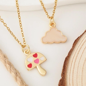 18K gold plated mushroom and heart cloud pendant necklace for women on wooden background