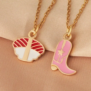 Creative 18K gold plated necklace with mushroom sushi and pink cowboy boot charms