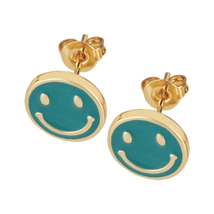 Boucles d'oreilles puces rondes dorées avec émail vert motif smiley pour femme