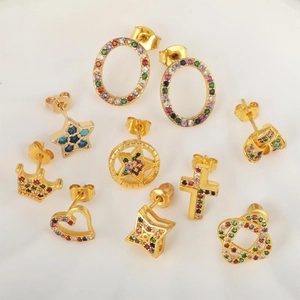 Exotisch Kupfer Bunte Strass Ohrstecker Hip Hop Geometrisch Herz Stern Kreuz Schmuck Mit 18K Gold Ohrringpfosten