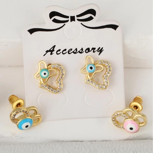 Fashion Copper Gold Plated Evil Eye Heart Butterfly Stud Earrings For Women Rhinestone Inlaid Personalized Jewelry Accessory