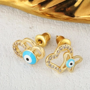 Gold-plated asymmetrical evil eye heart earrings with zircon and butterfly accents