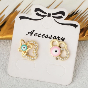 Gold-plated heart and circle evil eye stud earrings with micro-set cubic zirconia crystals