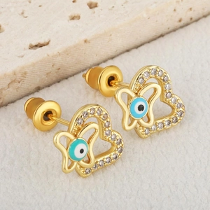 Gold plated heart butterfly evil eye earrings with micro paved cubic zirconia