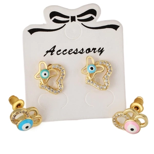Gold-plated heart butterfly evil eye stud earrings set with zircon stones