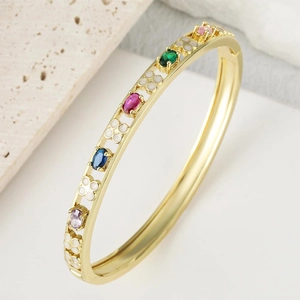 Luxury Copper Zirconia Bangle For Women Real Gold Plated Clover Flower Inlaid Colorful Gemstone Hinged Cuff Bracelet Vintage Jewelry