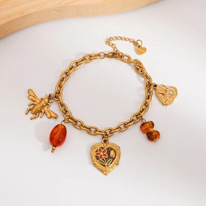 Golden stainless steel chain bracelet with honeybee charm and floral enamel hearts