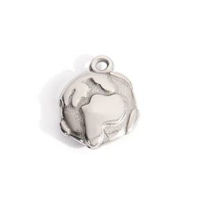 Detailed view of silver stainless steel globe pendant with embossed world map texture