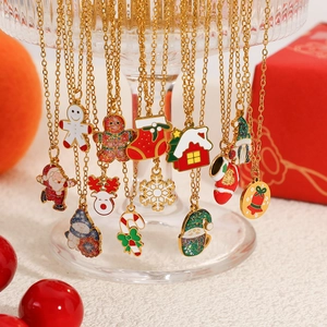 Weihnachten Edelstahl Anhänger Halskette 18K Vergoldet Emaille Lebkuchenmann Weihnachtsmann Rentier Schneeflocke Schmuck Für Damen