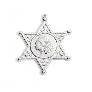 Polished stainless steel pendant with hexagram star and Native American warrior emblem