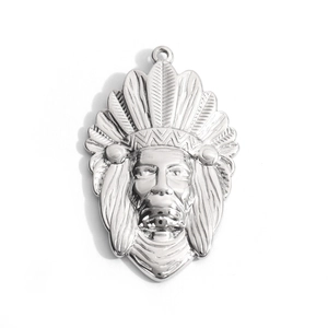 Stainless steel Native American chief head pendant with detailed eagle feather headdress
