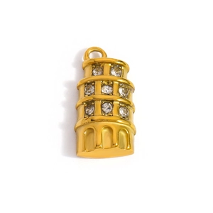 Close-up of gold Leaning Tower of Pisa pendant with sparkling crystal rhinestones