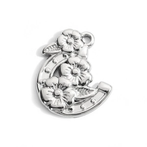 Polished silver stainless steel horseshoe pendant with three relief floral carvings