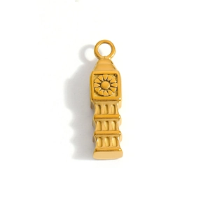 Detail of a golden Big Ben tower pendant with precise clock face and layered carvings