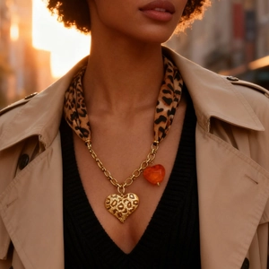 Collana a Sciarpa con Stampa Leopardata Pendente a Cuore in Acciaio Inossidabile Accessorio Vintage per Donna