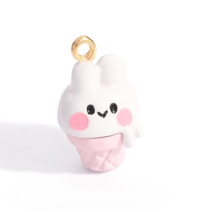 Detail of cute rabbit ice cream charm with pink cone and golden hanging ring
