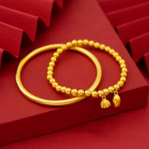 Elegante set di bracciale rigido dorato e bracciale con perline loto in stile cinese