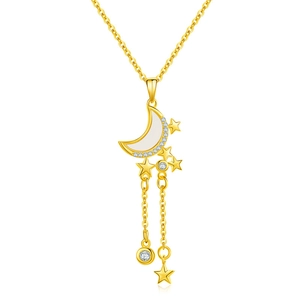 Chique gouden ketting met maan- en sterhanger, kwastje en fonkelende zirkonia's