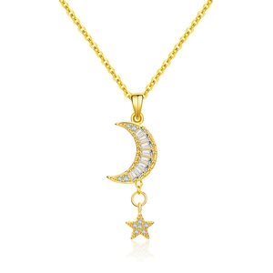 Elegante gouden ketting met een hanger van maan en ster en baguette-geslepen zirkoon