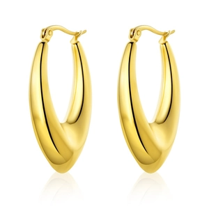 Polished golden teardrop hoop earrings with lever-back closure on a white background