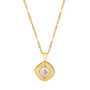 Elegante gouden vierkante geribbelde knop ketting met een fonkelende zirkoon hanger