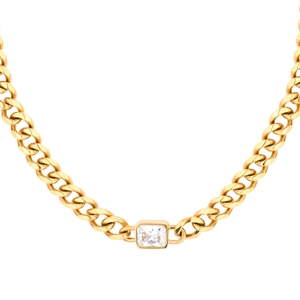 Elegante gouden ketting met vierkante zirkoon hanger aan een robuuste cubaanse schakel